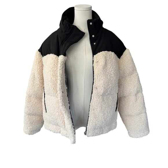 Maje Quilted Sherpa Puffer Coat Jacket Ecru Black Size 1 US 2-4 - Picture 6 of 12